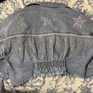 Crop jean jacket with rhinestones